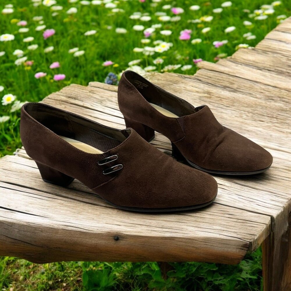 Karen Scott Riley Loafers Brown Suede Shoes Block Heel Womens Size 7.5M